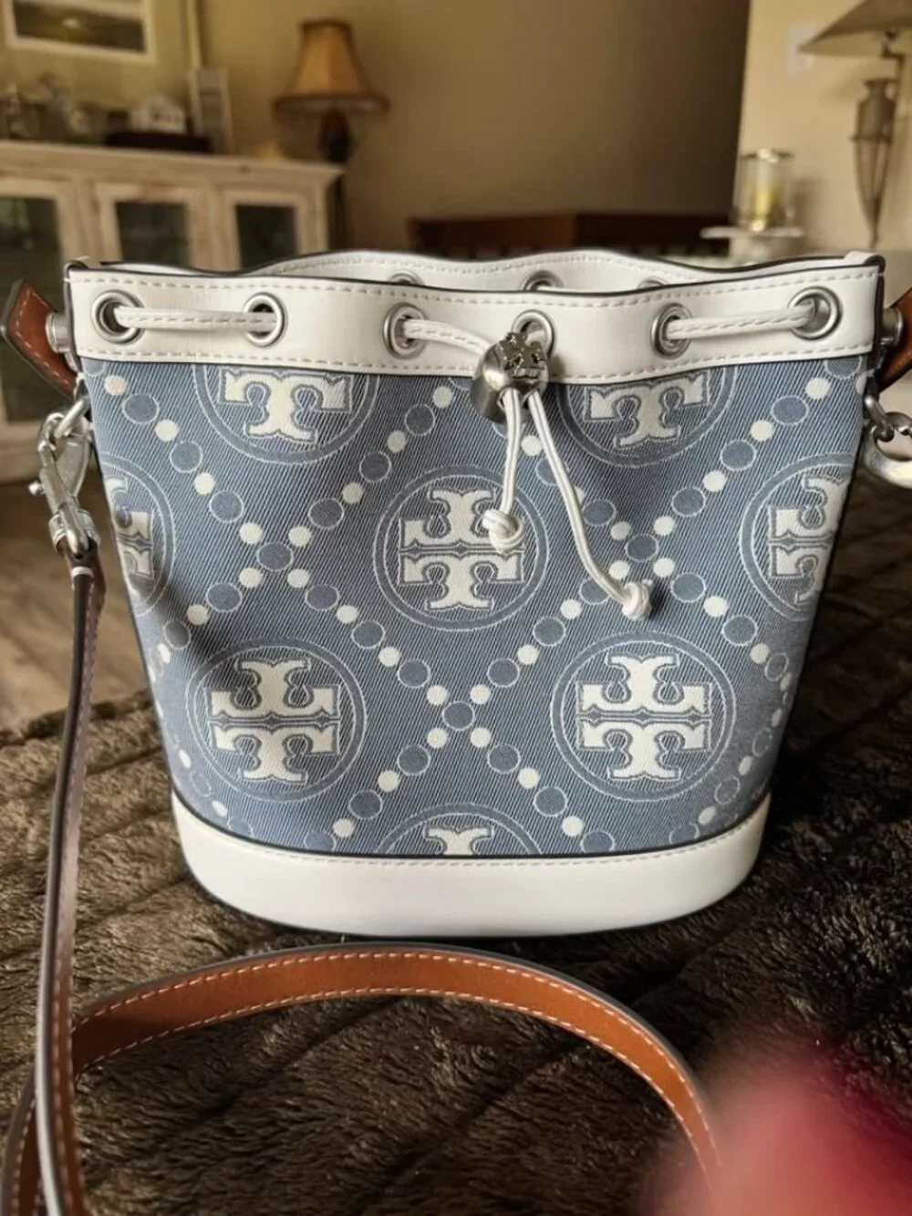 Tory Burch T Monogram Jacquard Mini Bucket Bag Blue White Crossbody